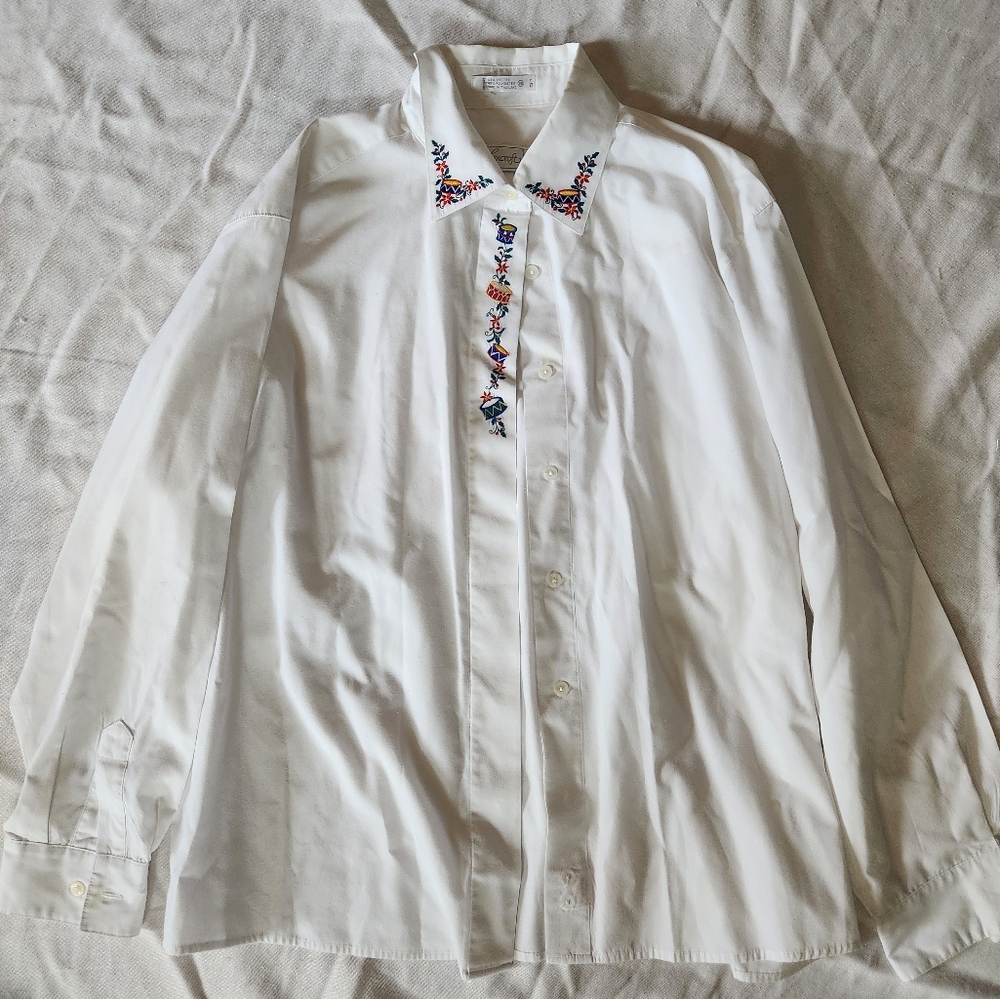 Foxcroft White Embroidered Button Up Shirt Classic Drums Holiday Size 18